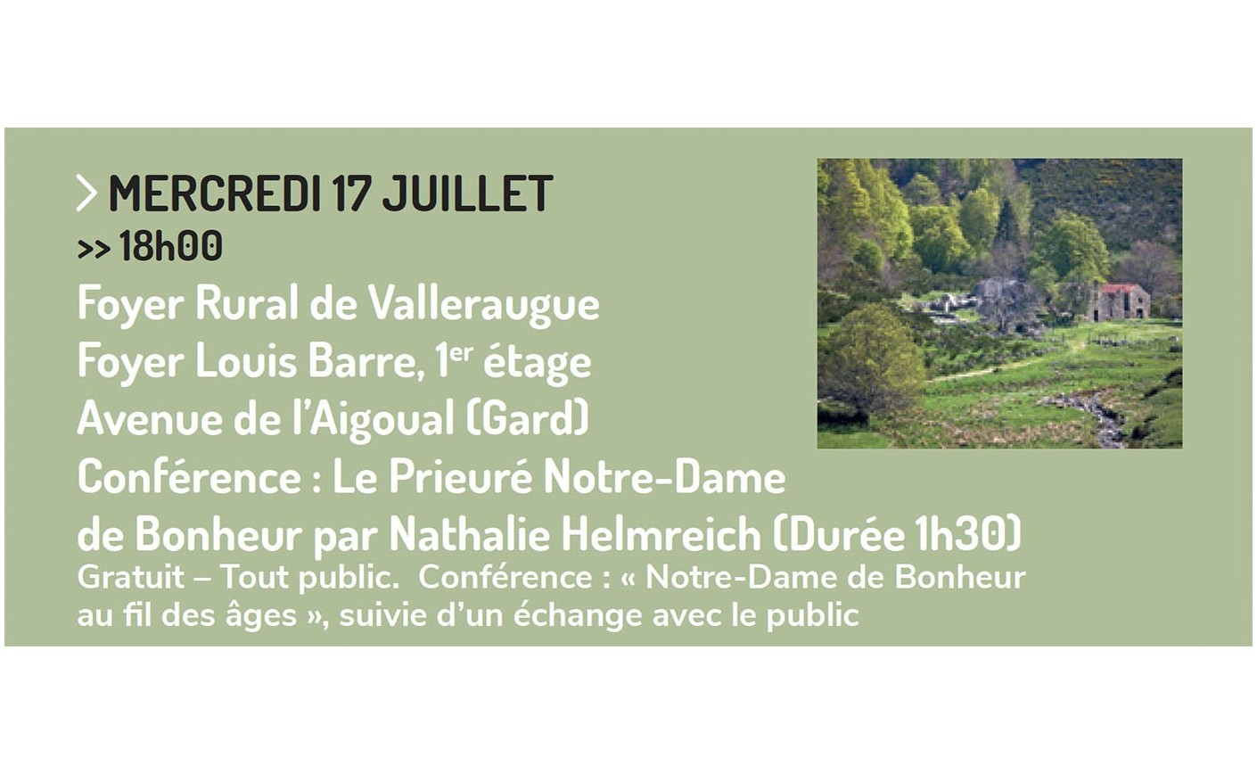 Conférence : Le prieuré Notre-Dame de Bonheur par Nathalie Helmreich au Foyer Rural Louis Barre de Valleraugue (Gard) – 18h